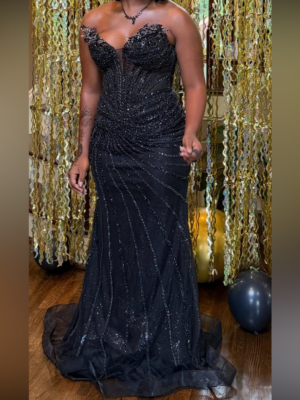 Elegant Black Beaded Evening Wedding Dress